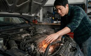 素手でエンジンルームを触るのは危険です